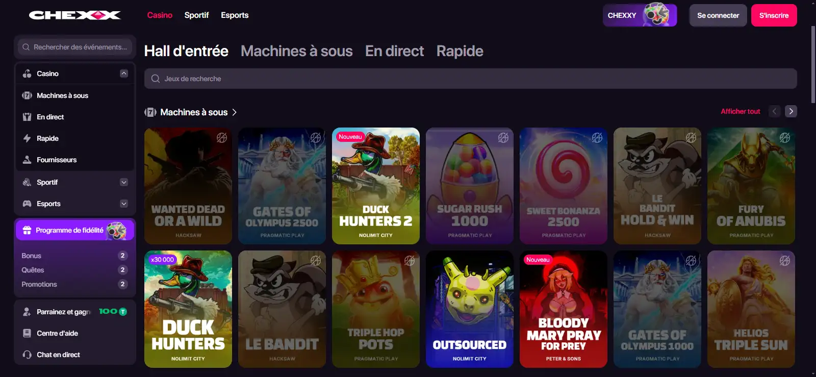 Lobby CHEXX avec catégories filtres et nombreux jeux de casino