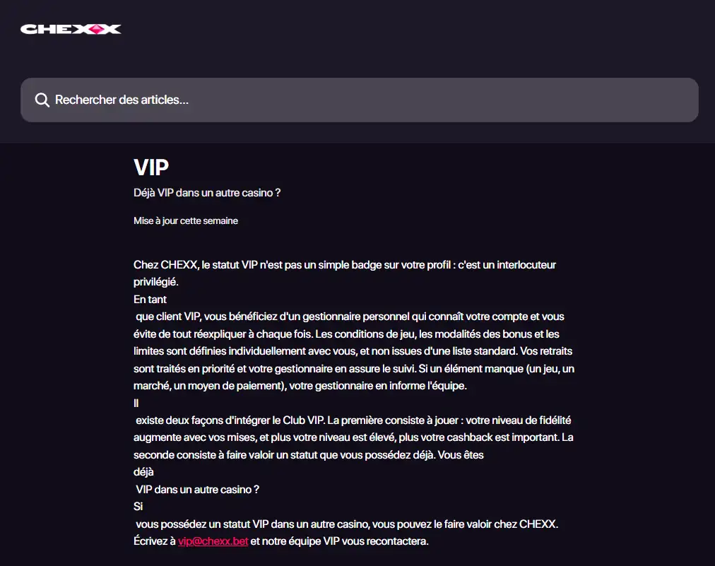 Club VIP CHEXX présentant les niveaux Bronze à Obsidian