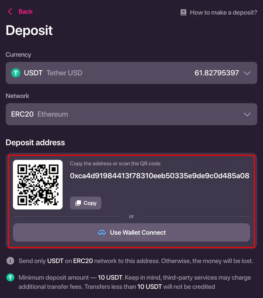 Fenêtre de dépôt CHEXX avec actif réseau et adresse crypto