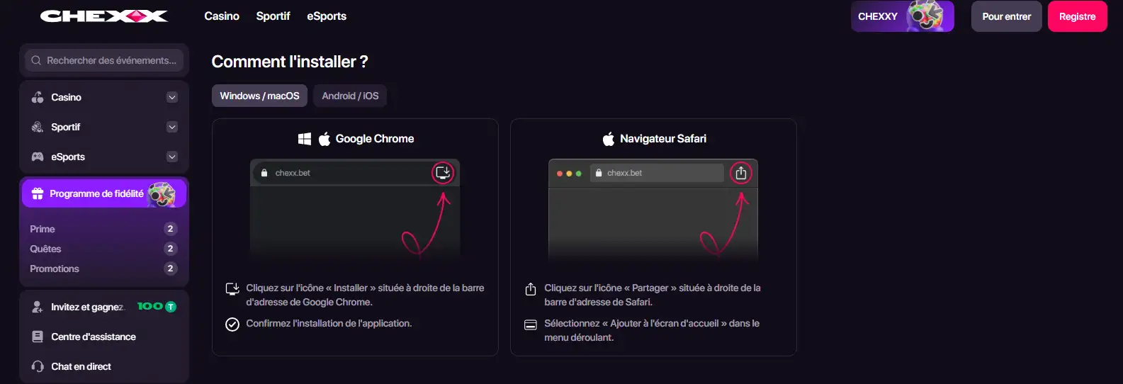 Page CHEXX présentant les options d'installation PWA sur quatre plateformes
