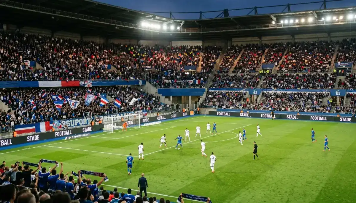 Stade de football français en soirée évoquant le marché du pari sportif en ligne