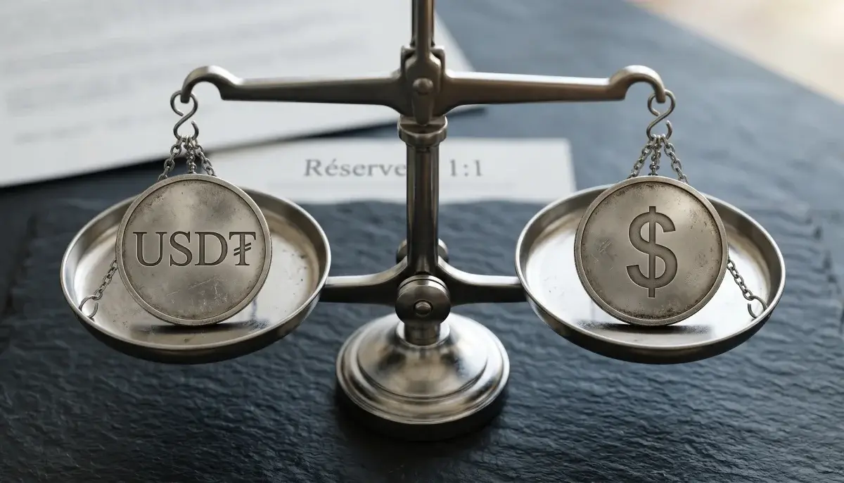 Concept du Tether USDT comme stablecoin arrimé au dollar américain au ratio 1:1