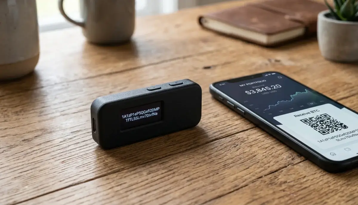 Hardware wallet posé sur un bureau à côté d'un smartphone